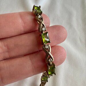 Vintage Gold Tone Tennis Bracelet Rhinestone CZ Green Square Stone